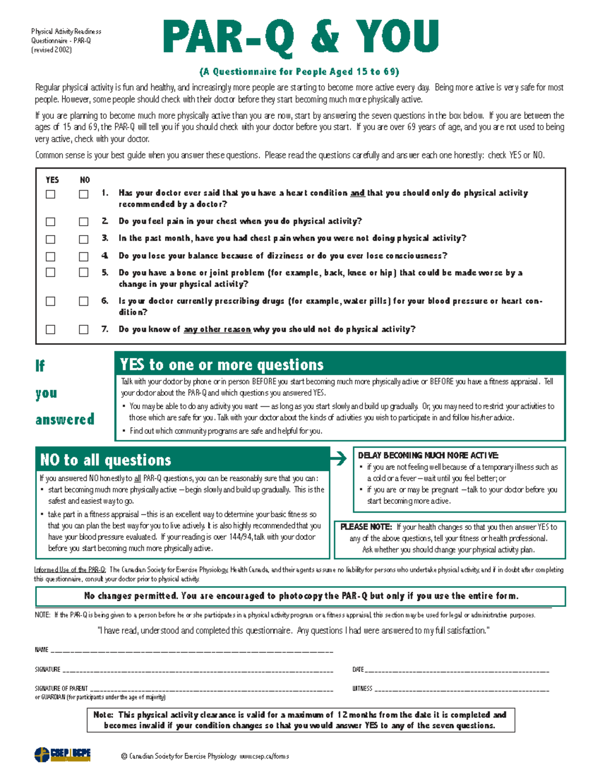 PAR-Q: Physical Activity Readiness Questionnaire (Revised 2002) - Studocu