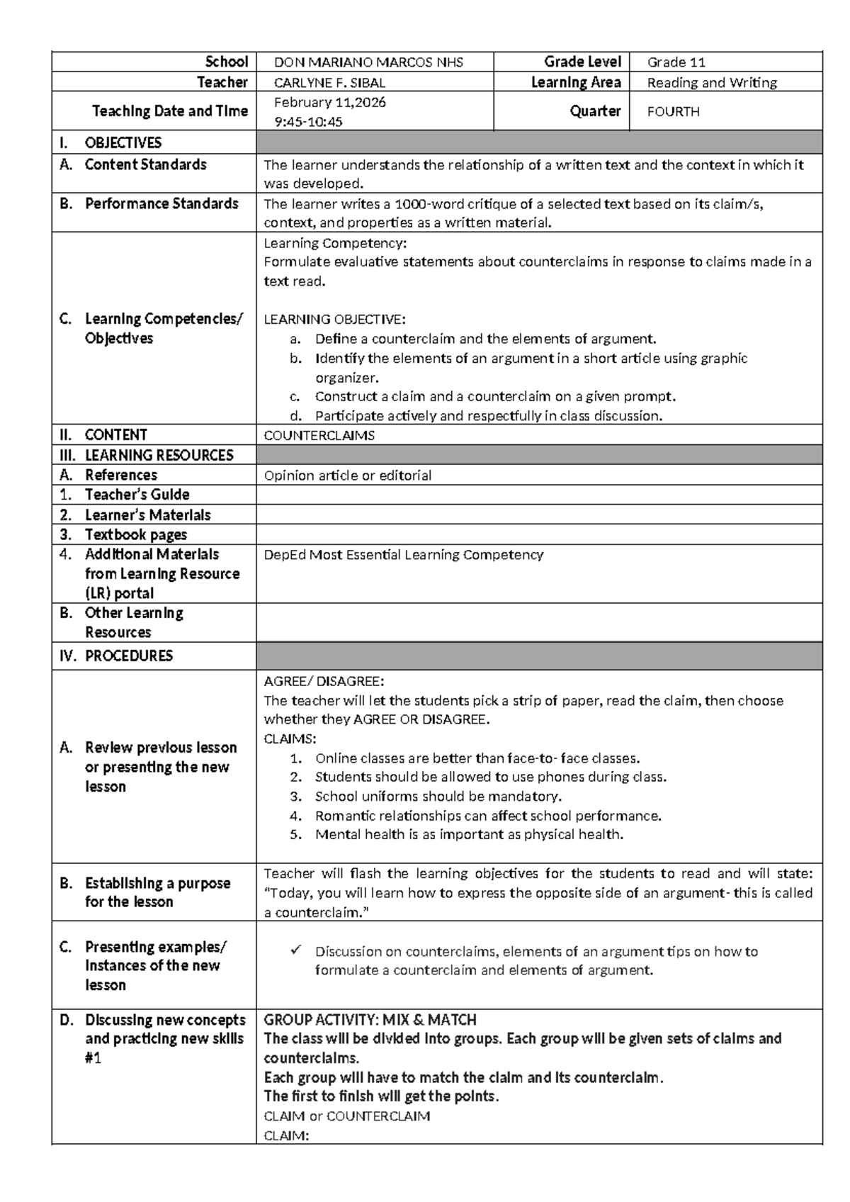 DLL-COT: Lesson Plan on Claims and Counterclaims for Grade 11 - Studocu