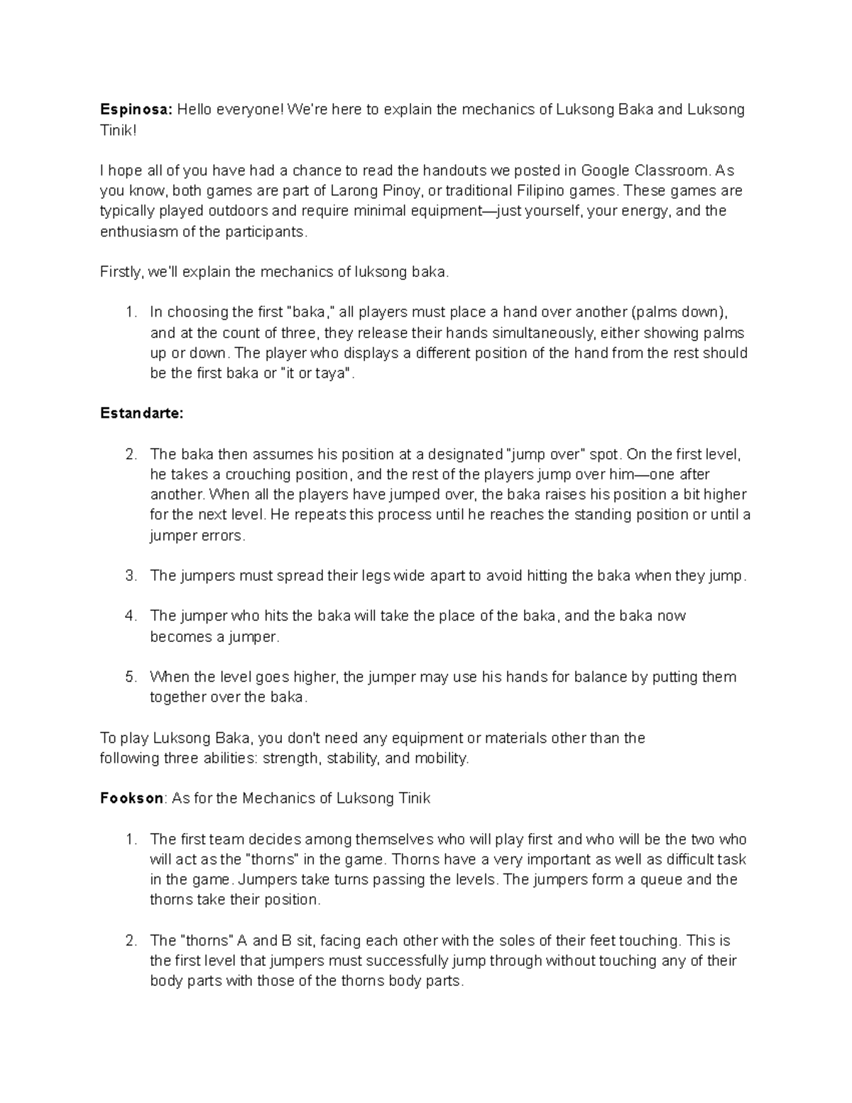 LP Script: Mechanics of Luksong Baka & Luksong Tinik Explained - Studocu