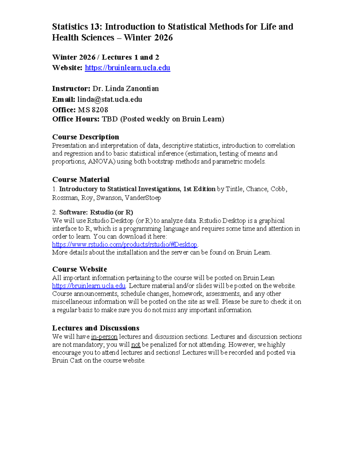Statistics 13: Syllabus for Intro to Statistical Methods W26 - Studocu