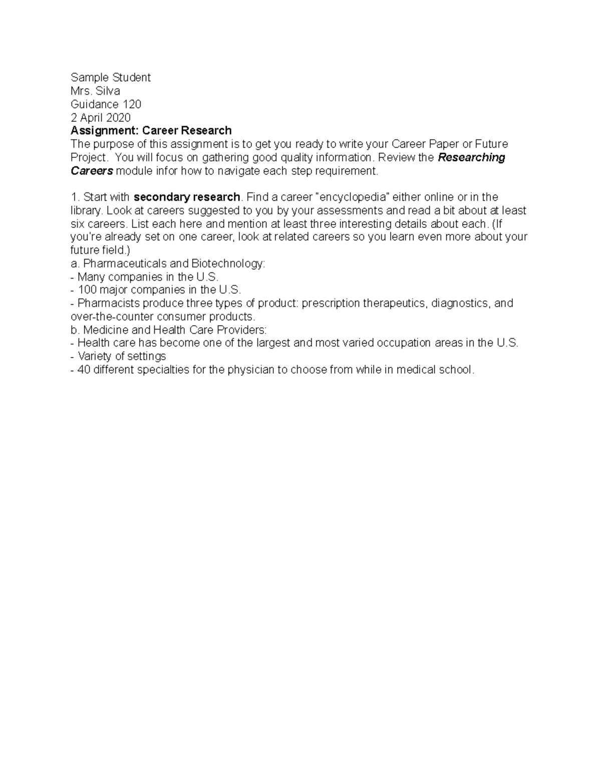 Guidance 120: Career Research Assignment Sample for Future Projects ...