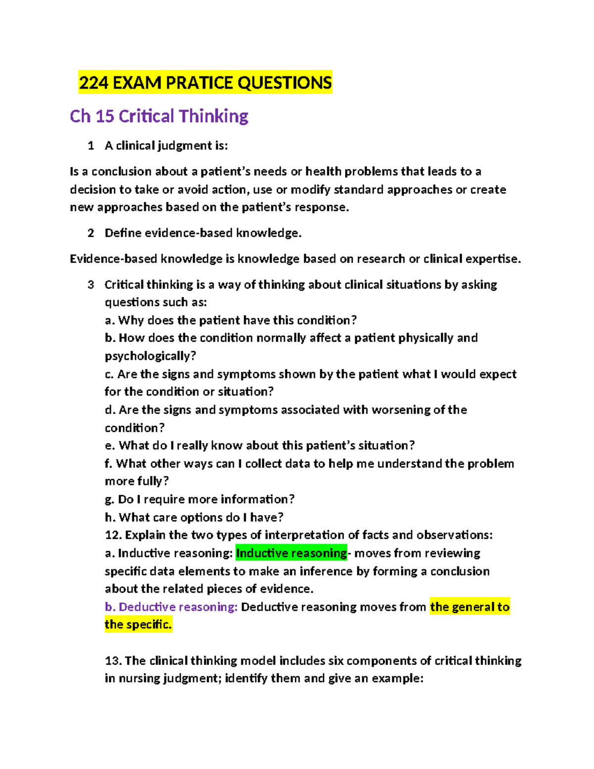 224 EXAM Critical Thinking & Infection Control Study Guide - Studocu