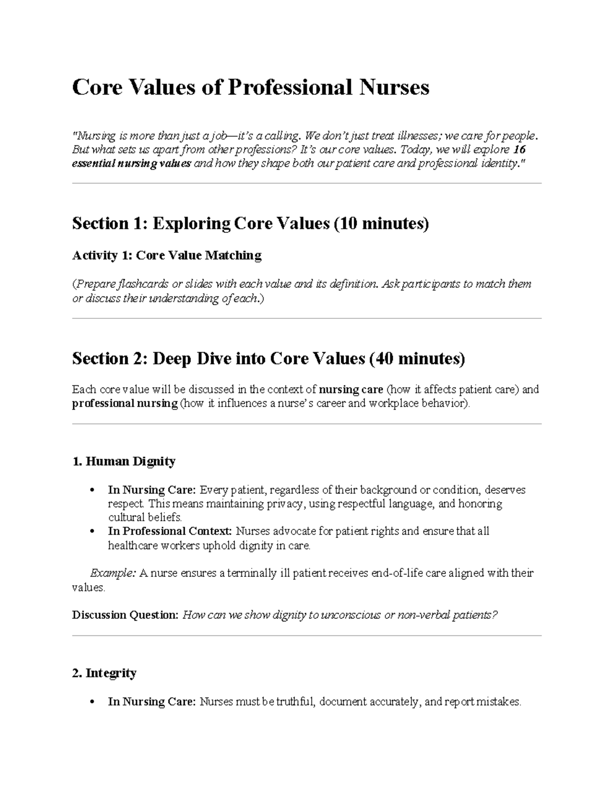 ncm 108 bioethics - Core Values of Professional Nurses 