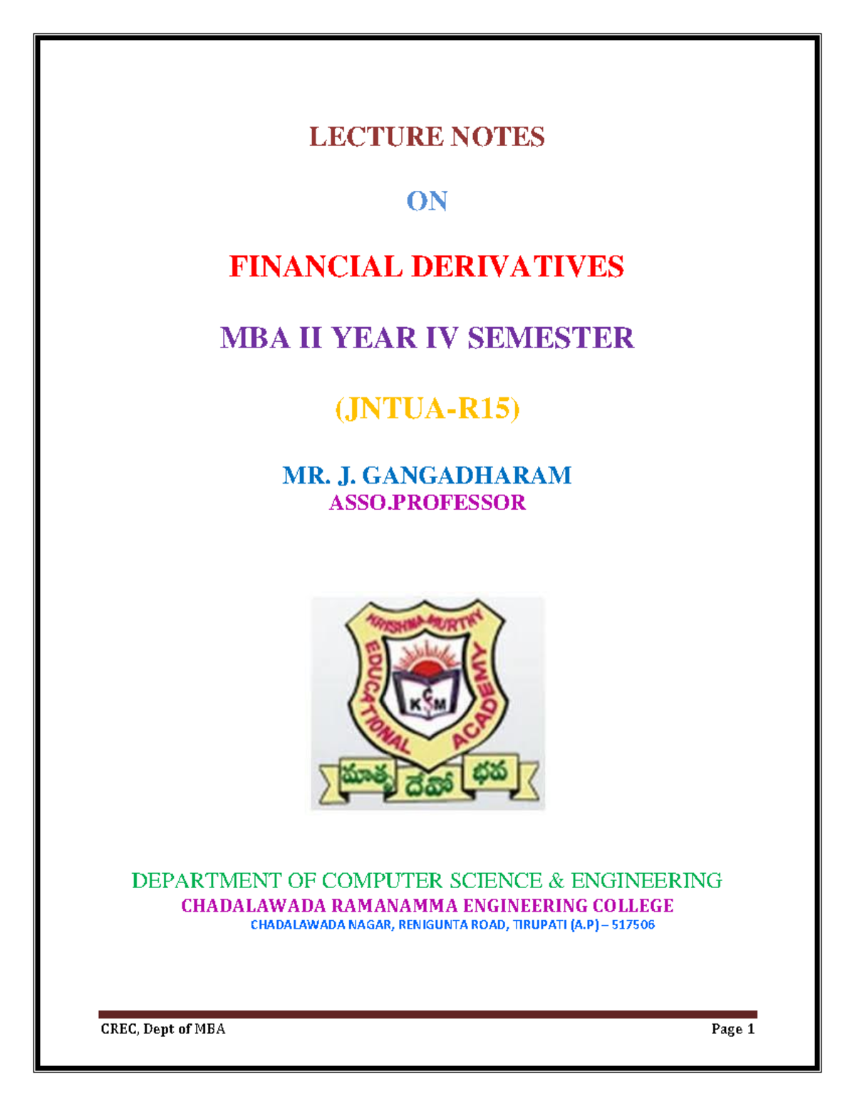 MBA II Year IV Sem Financial Derivatives Lecture Notes by J ...