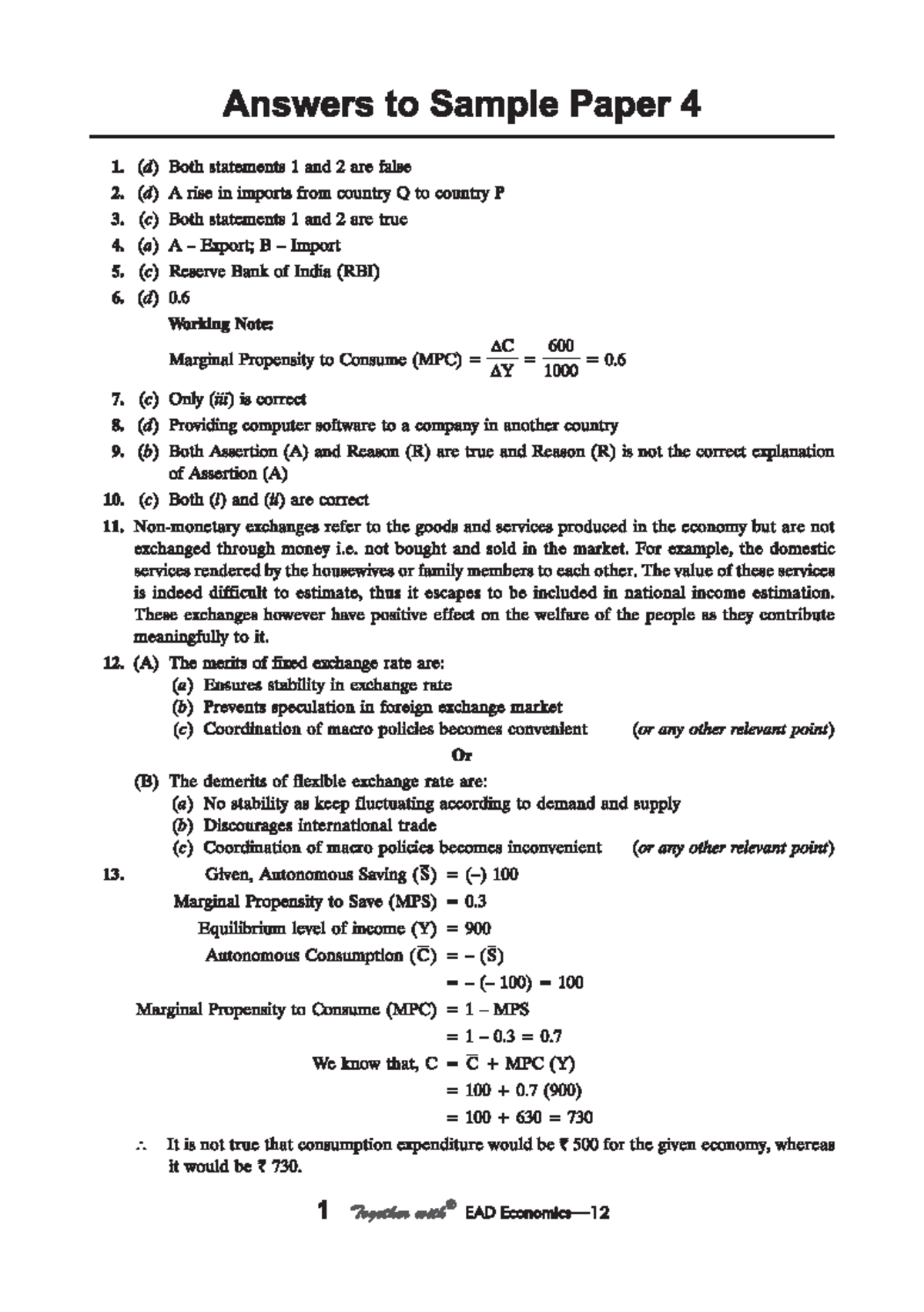 Economics L-2 Sample Paper 4 Solutions for Class 12 (2025) - Studocu