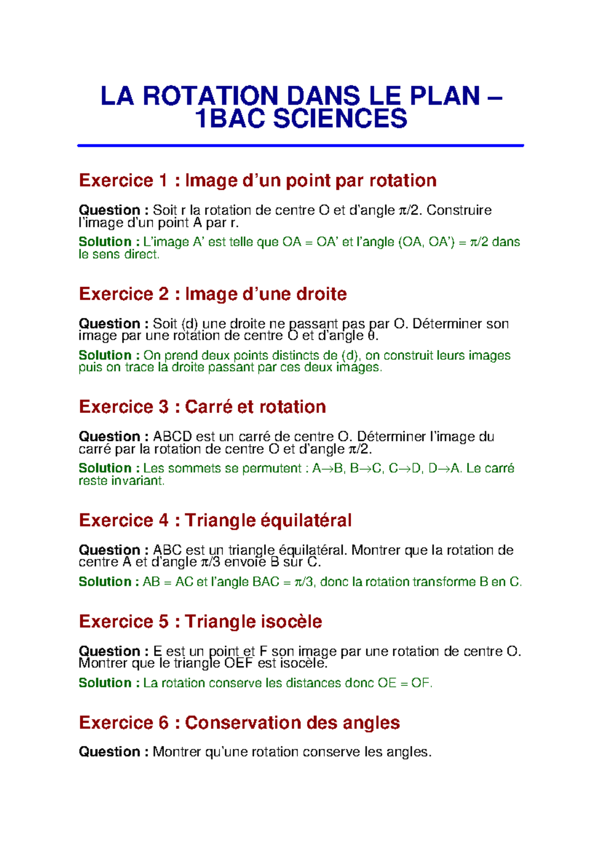 La Rotation dans le Plan 1BAC - Exercices et Solutions - Studocu