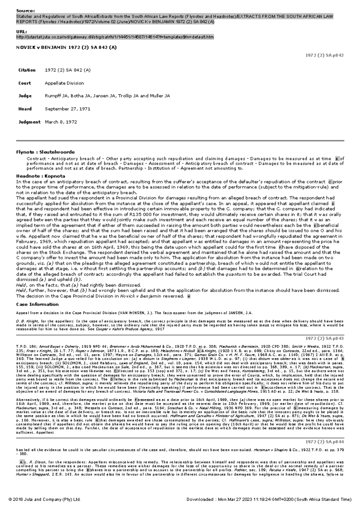 Case Analysis: Novick v Benjamin 1972 (2) SA 842 (A) on Contract Breach ...