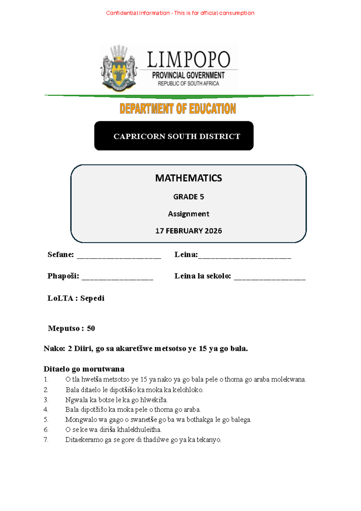 Grade 5 MAT 2026 Term 1 Mathematics Assignment - Studocu
