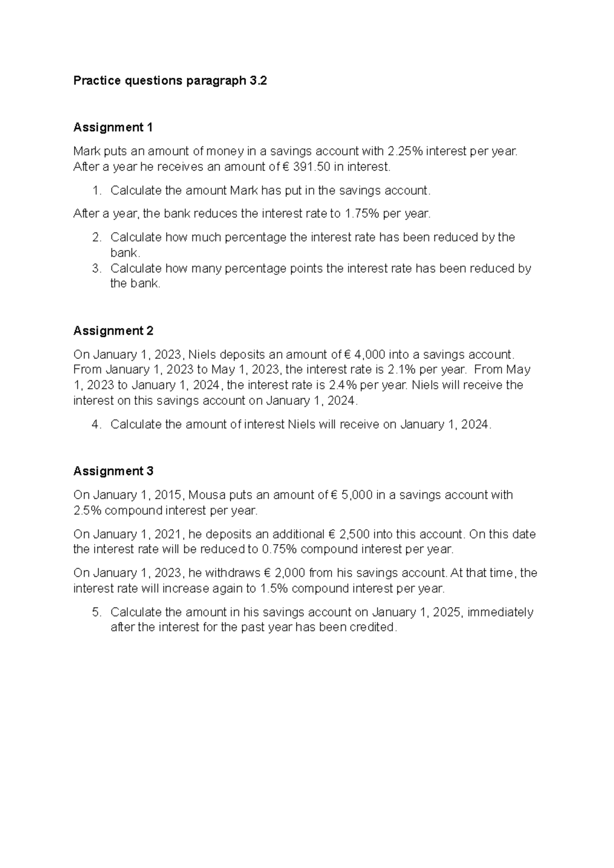 Practice Questions for Savings Account Calculations (3.2) - Studeersnel