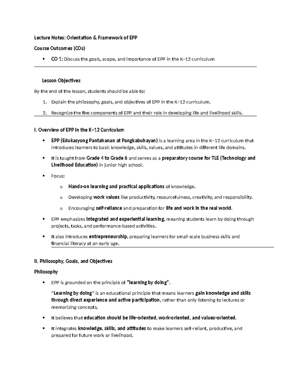 Lecture Notes: EPP Orientation Framework & Course Outcomes (CO 1) - Studocu
