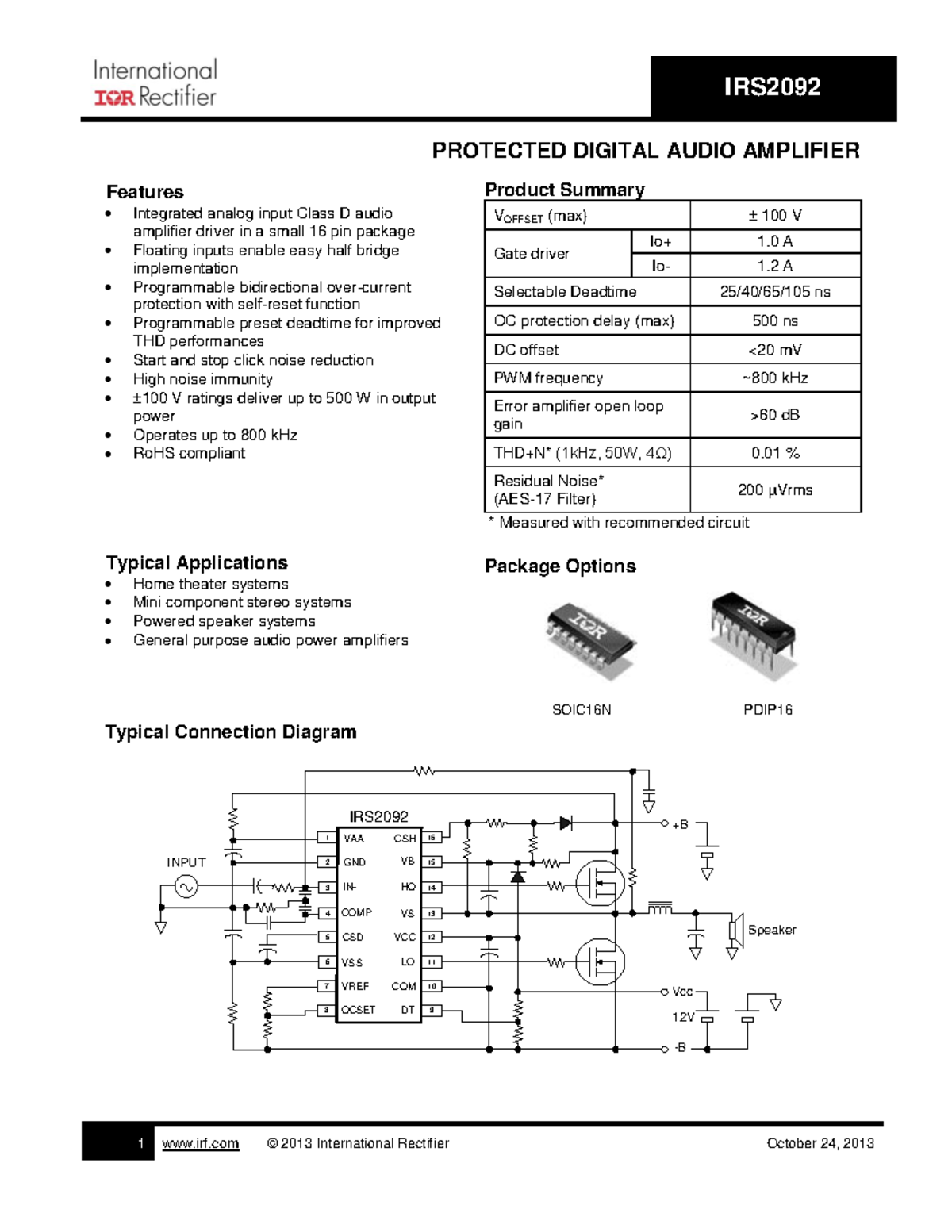 IRS2092 Class D Audio Amplifier Overview and Features Summary - Studocu