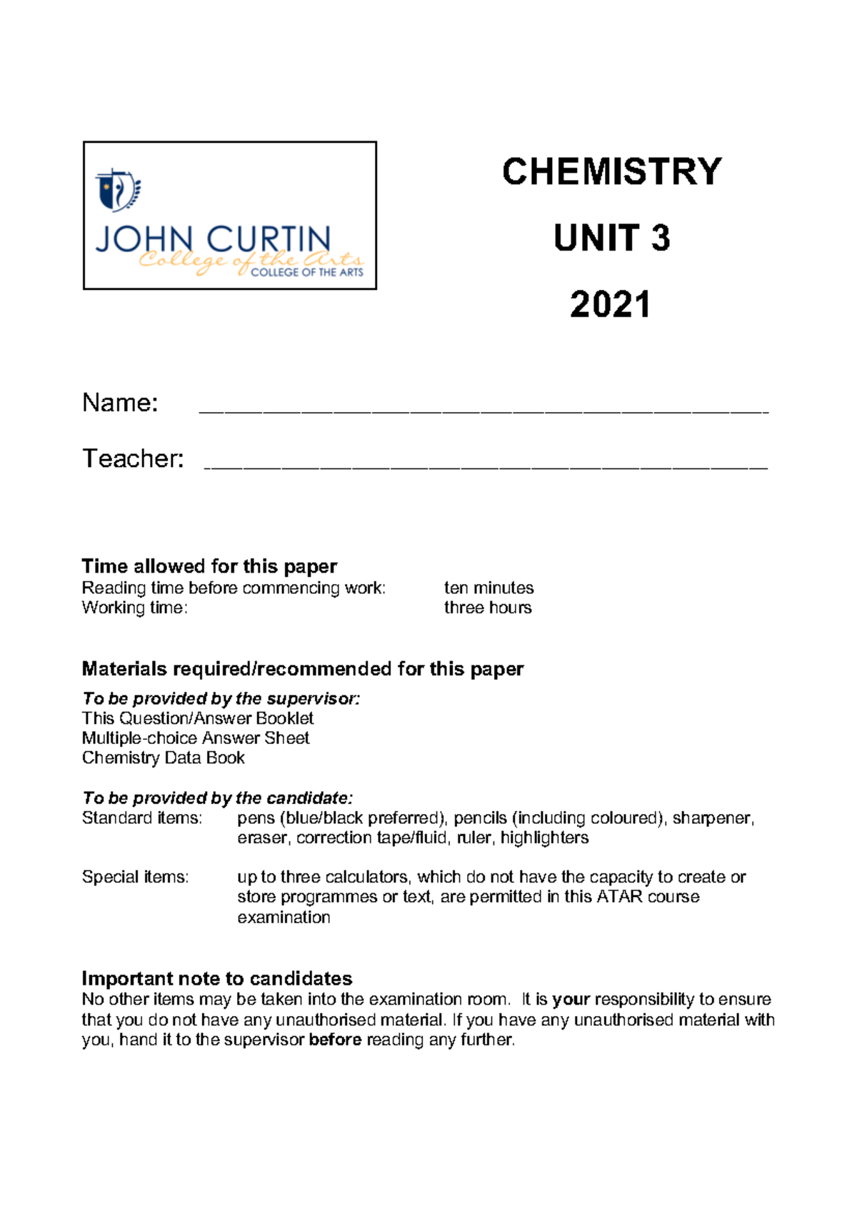Chemistry Unit 3 Exam 2021 - ATAR Course - Studocu