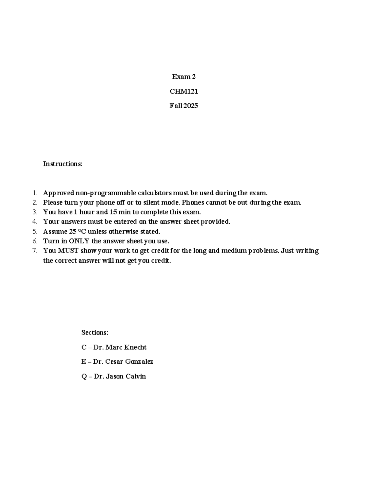CHM121 Fall 2025 Exam 2 Instructions and Questions - Studocu