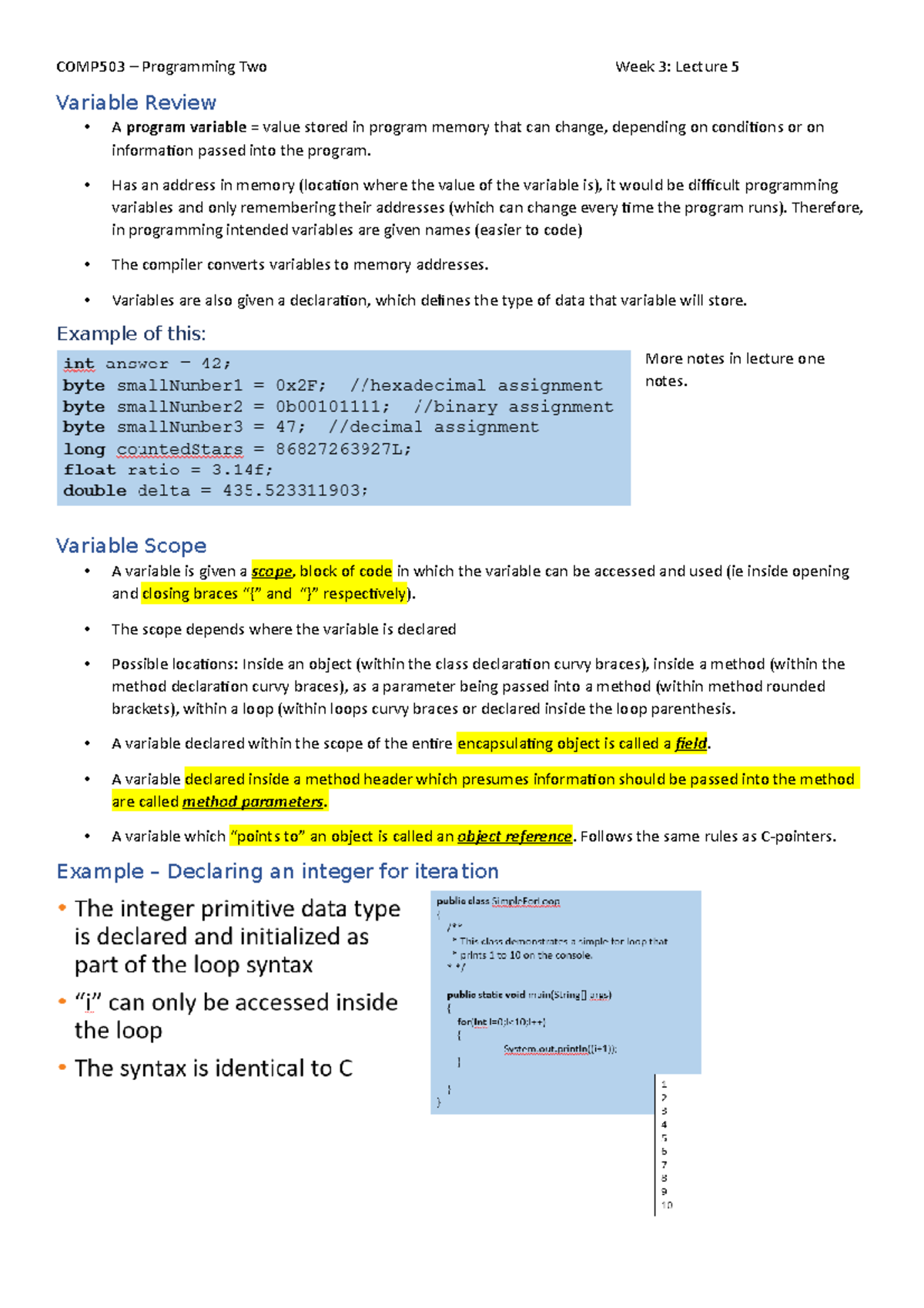 COMP503 – Programming Two Week 3: Lecture 5 Variable Concepts - Studocu