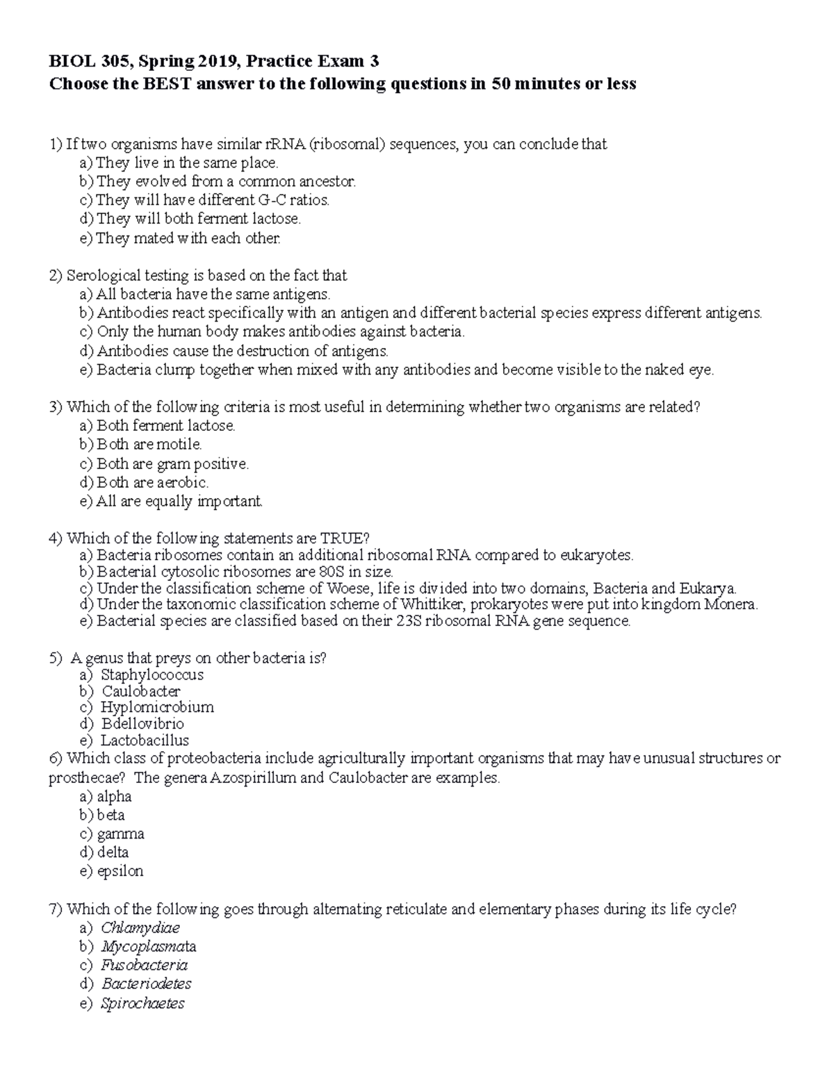BIOL 305 Practice Exam 3 Questions & Answers, Spring 2019 - Studocu