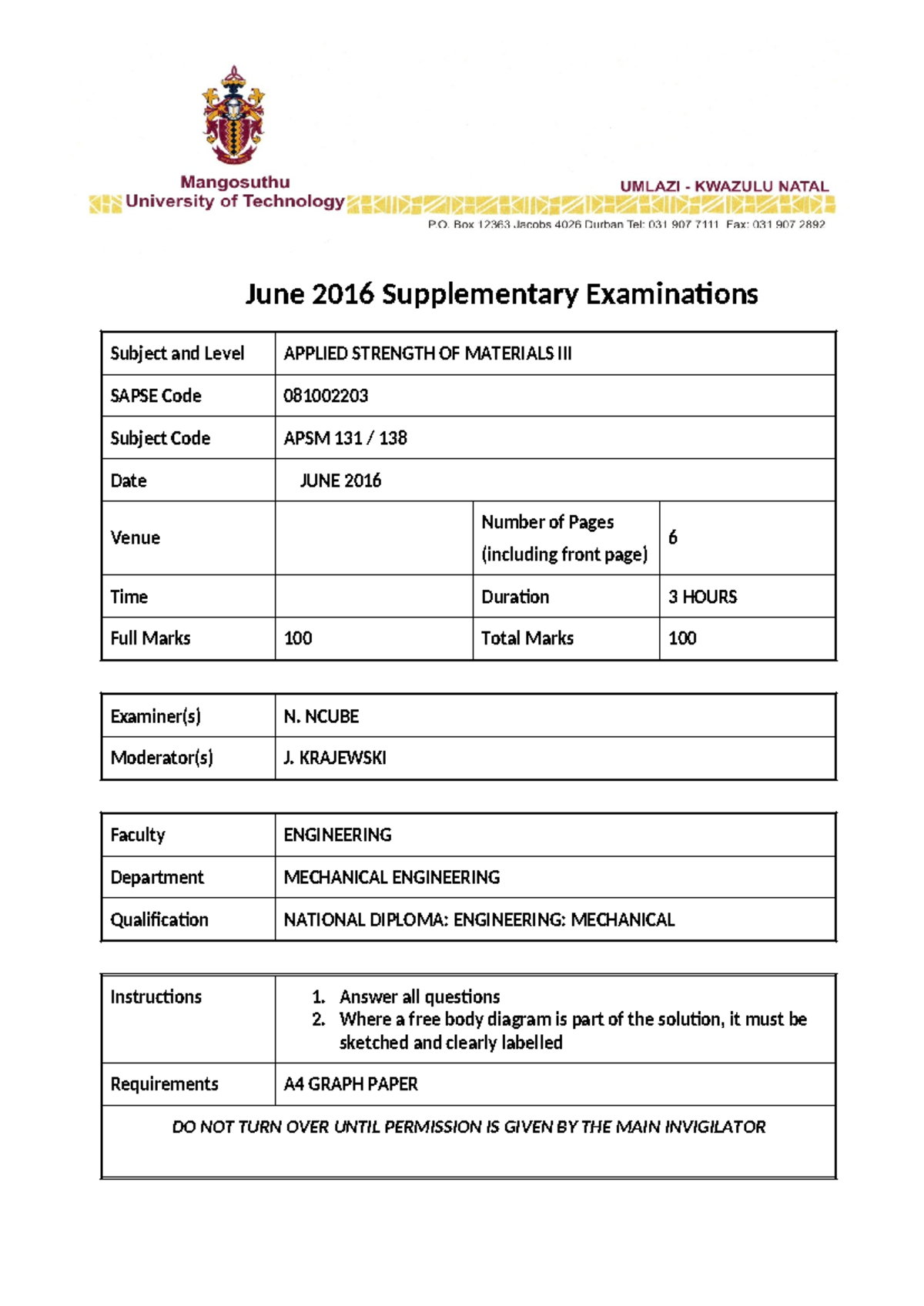 APSM Supp Sem 1 2016 - jfjf - June 2016 Supplementary Examinations ...