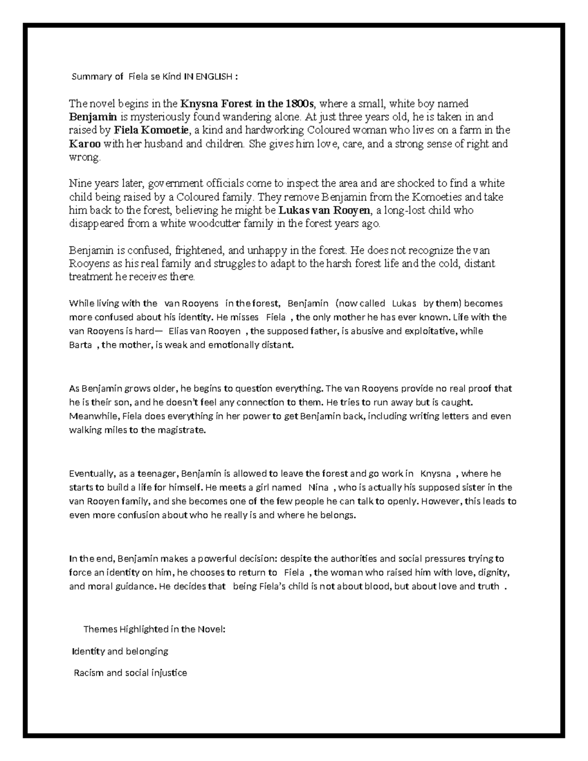 Summary of Fiela se Kind (ENG) - Themes of Identity & Belonging - Studocu