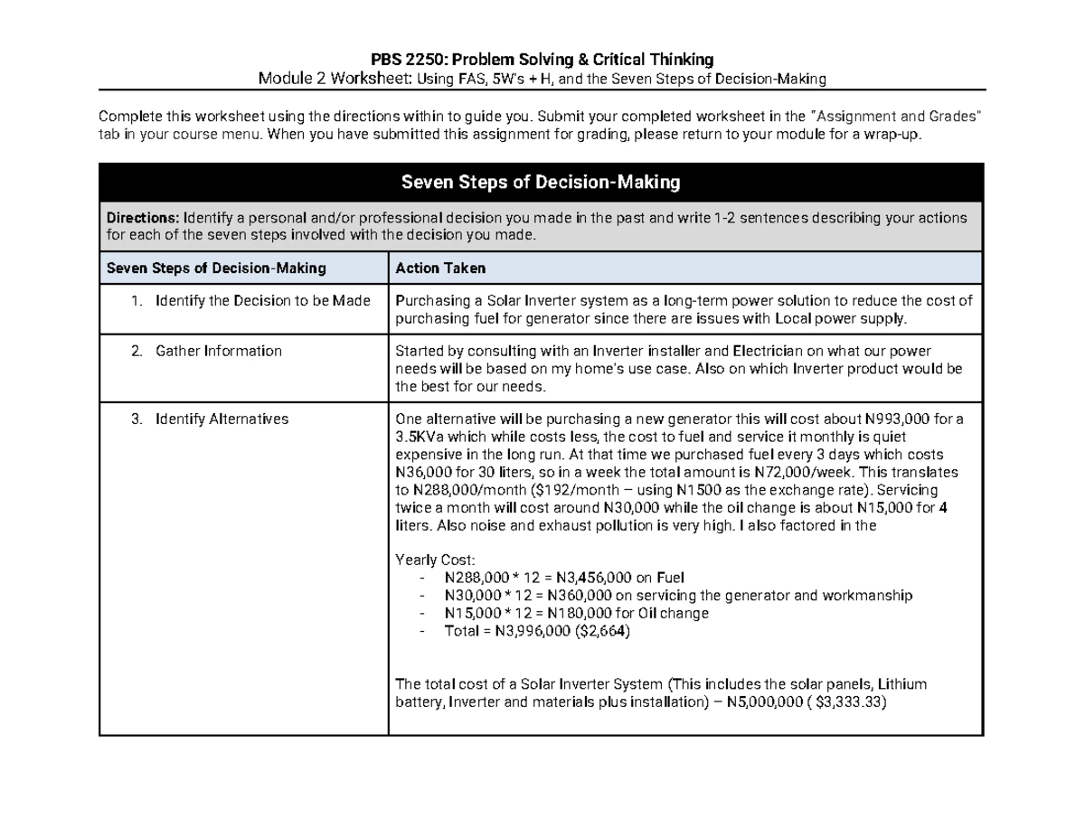 PBS 2250: Problem Solving Critical Thinking Module 1 FAS Analysis ...