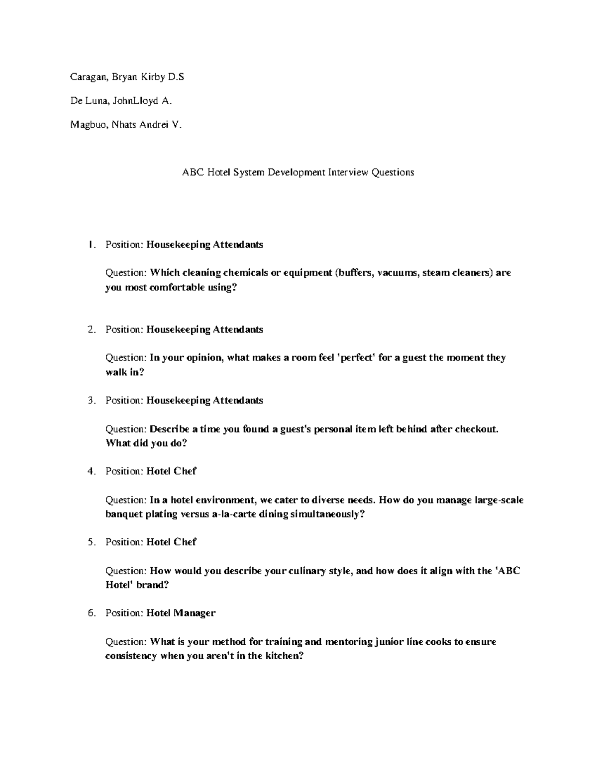 ABC Hotel System Development Interview Questions: Housekeeping & Chef ...