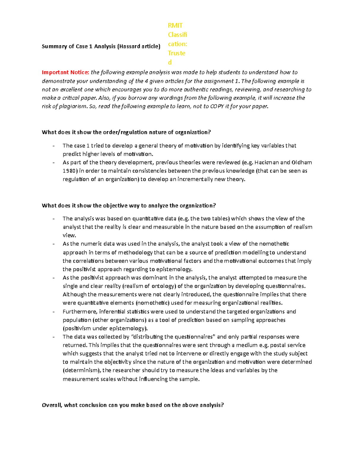 Case 1 Analysis example - Summary of Case 1 Analysis (Hassard article ...
