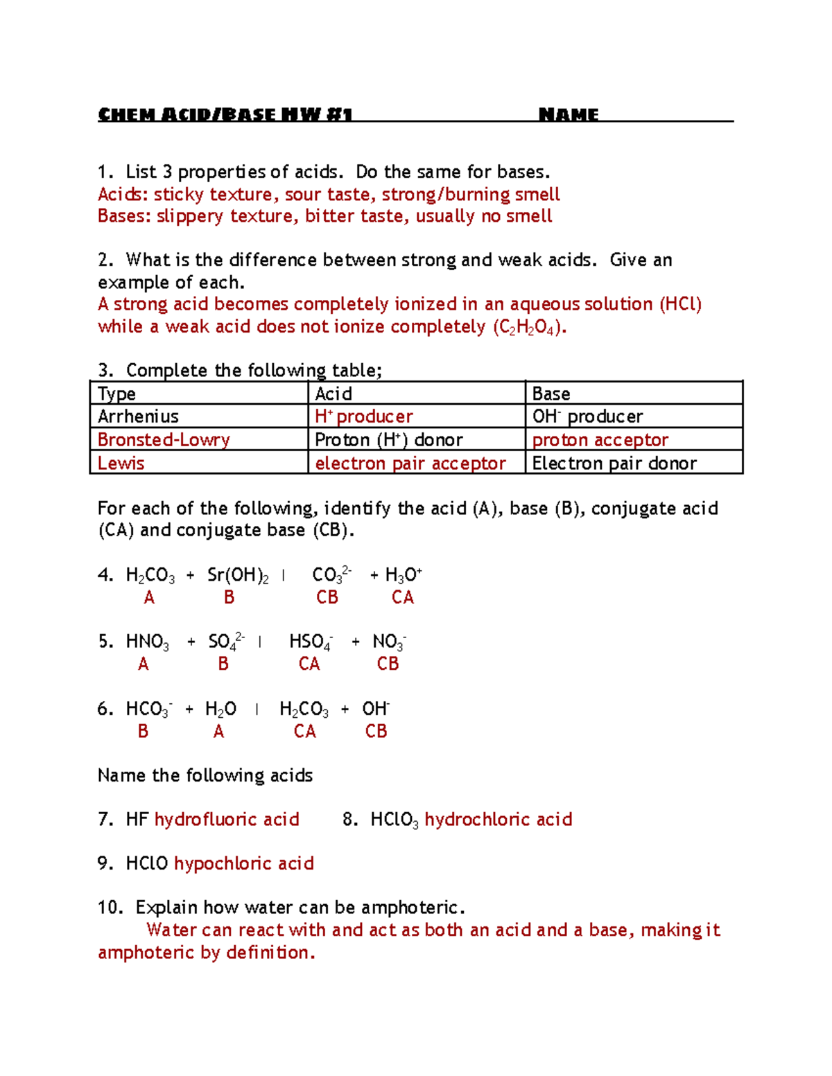 Chem 11.1a Acid-Base Properties & Formulas - HW #1 Summary - Studocu