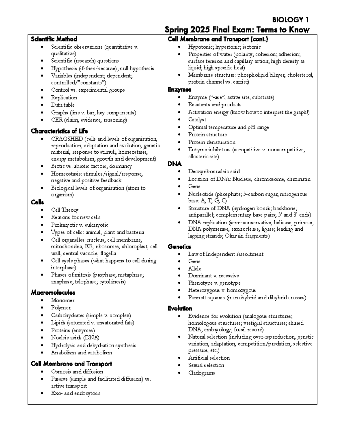 Spring 2025 BIOLOGY 1 Final Exam Review: Key Terms & Concepts - Studocu