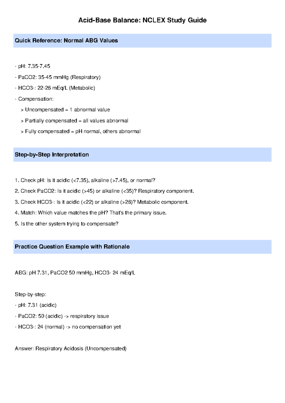 NSG3800 Lab 2: Quick Reference for ABG Values & Interpretation - Studocu