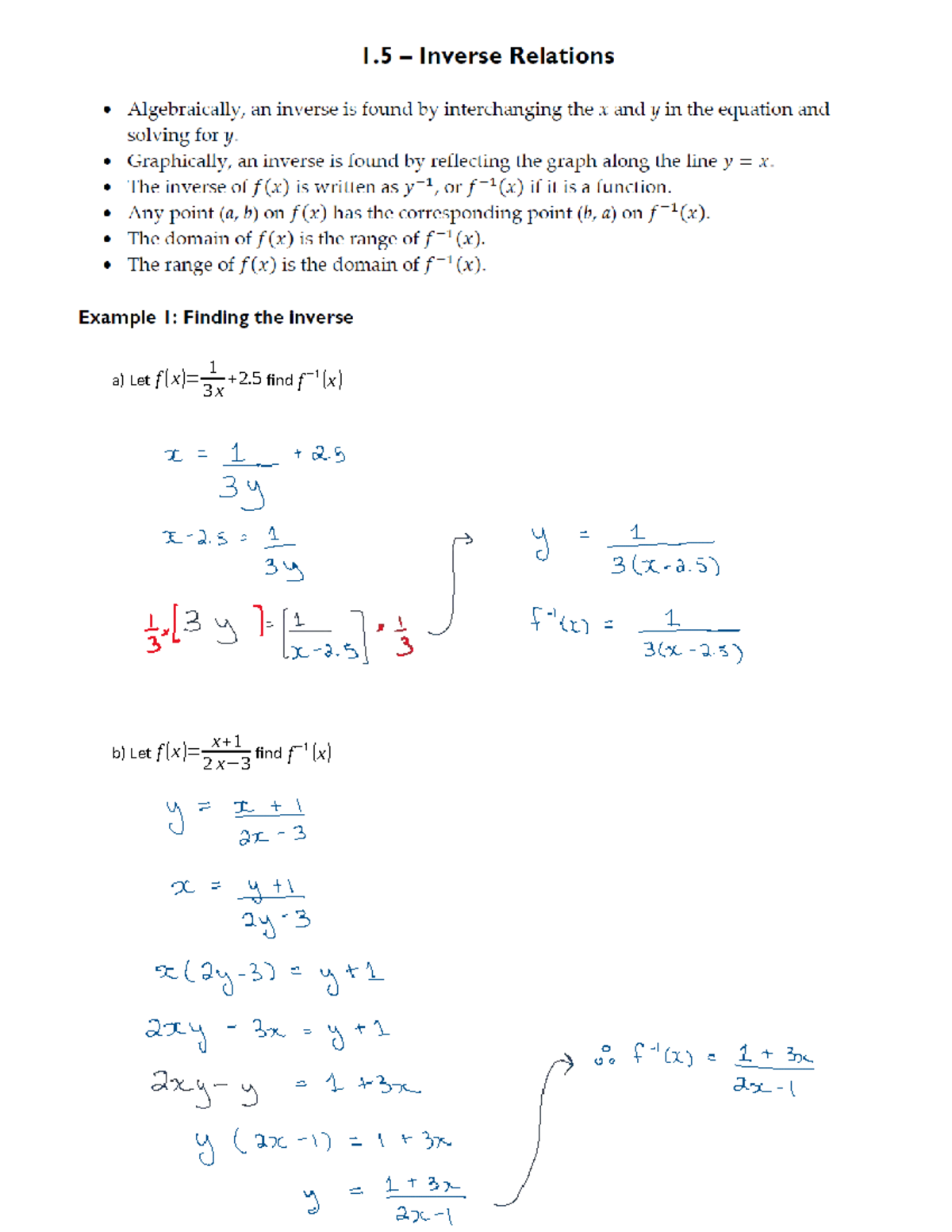 1.5 Inverse Relations (Filled Notes) - Mat135H1 - a) Let f ( x )= 1 3 x ...