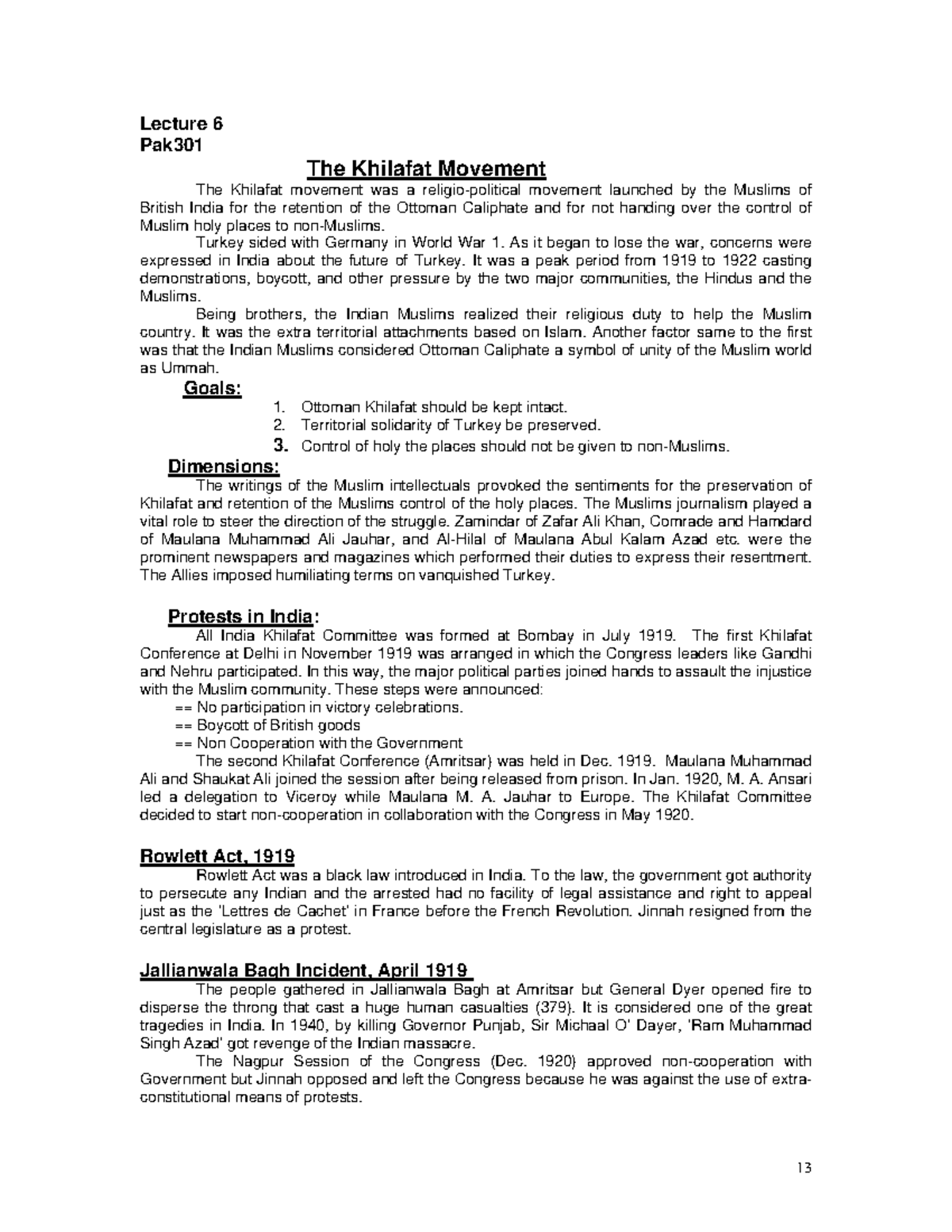 Lecture 6 - The Khilafat Movement Overview - PAK301 Handouts - Studocu