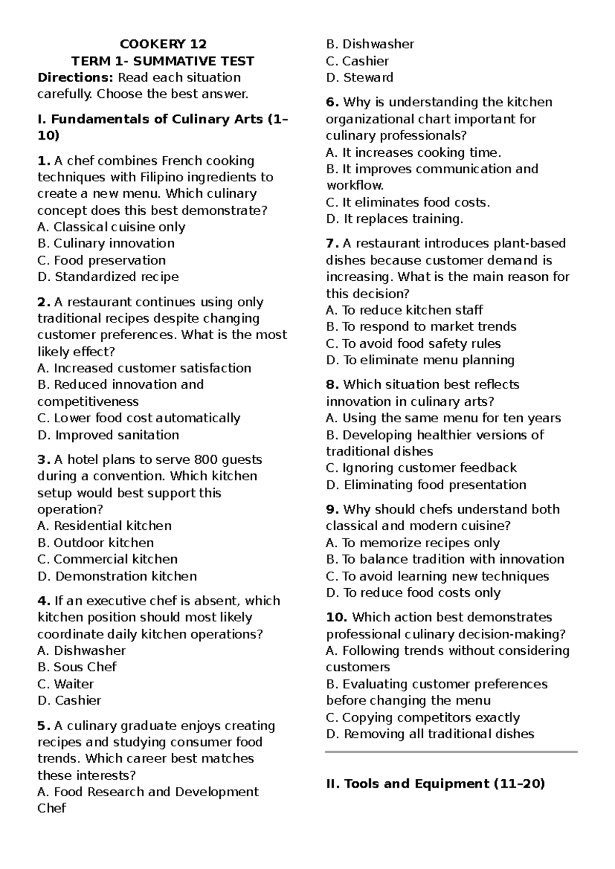 COOKERY 12 TERM SUMMATIVE TEST: Culinary Concepts & Techniques - Studocu