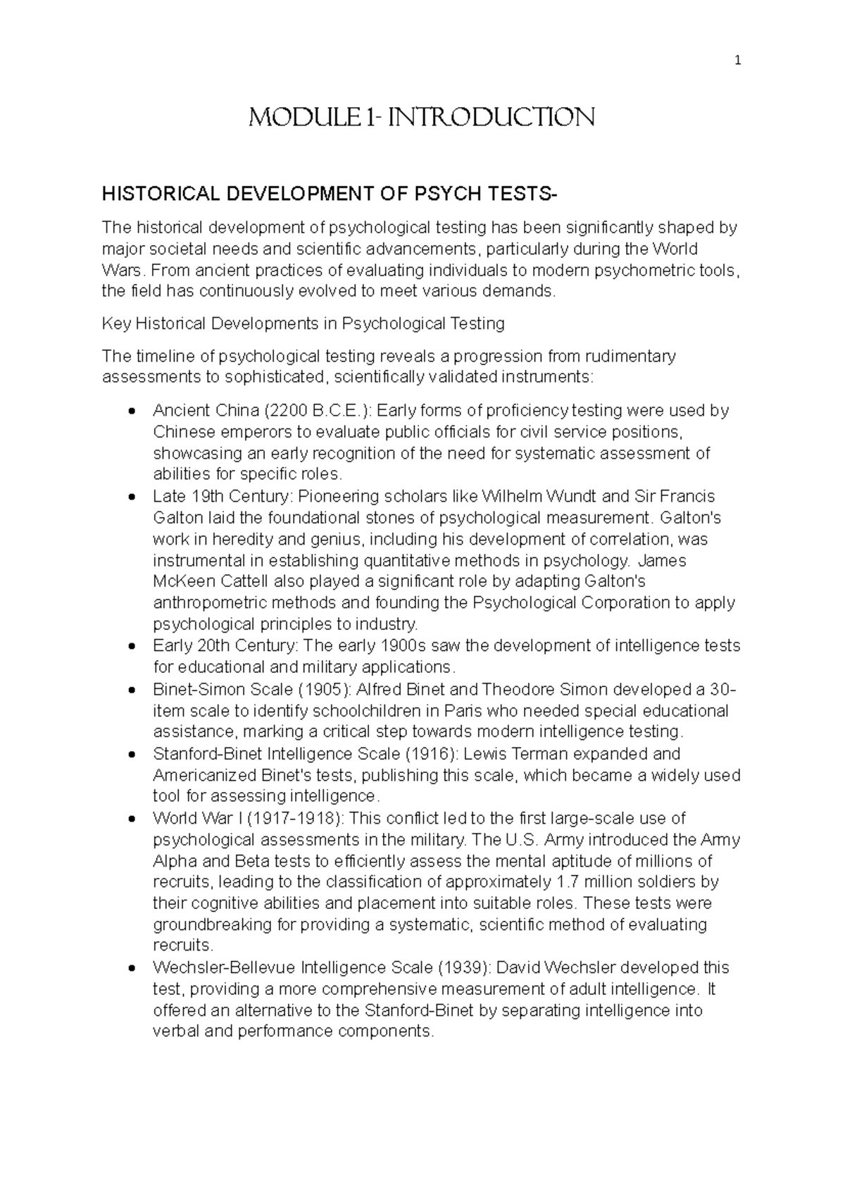 1 MODULE INTRODUCTION TO HISTORICAL DEVELOPMENT OF PSYCH TESTS - Studocu