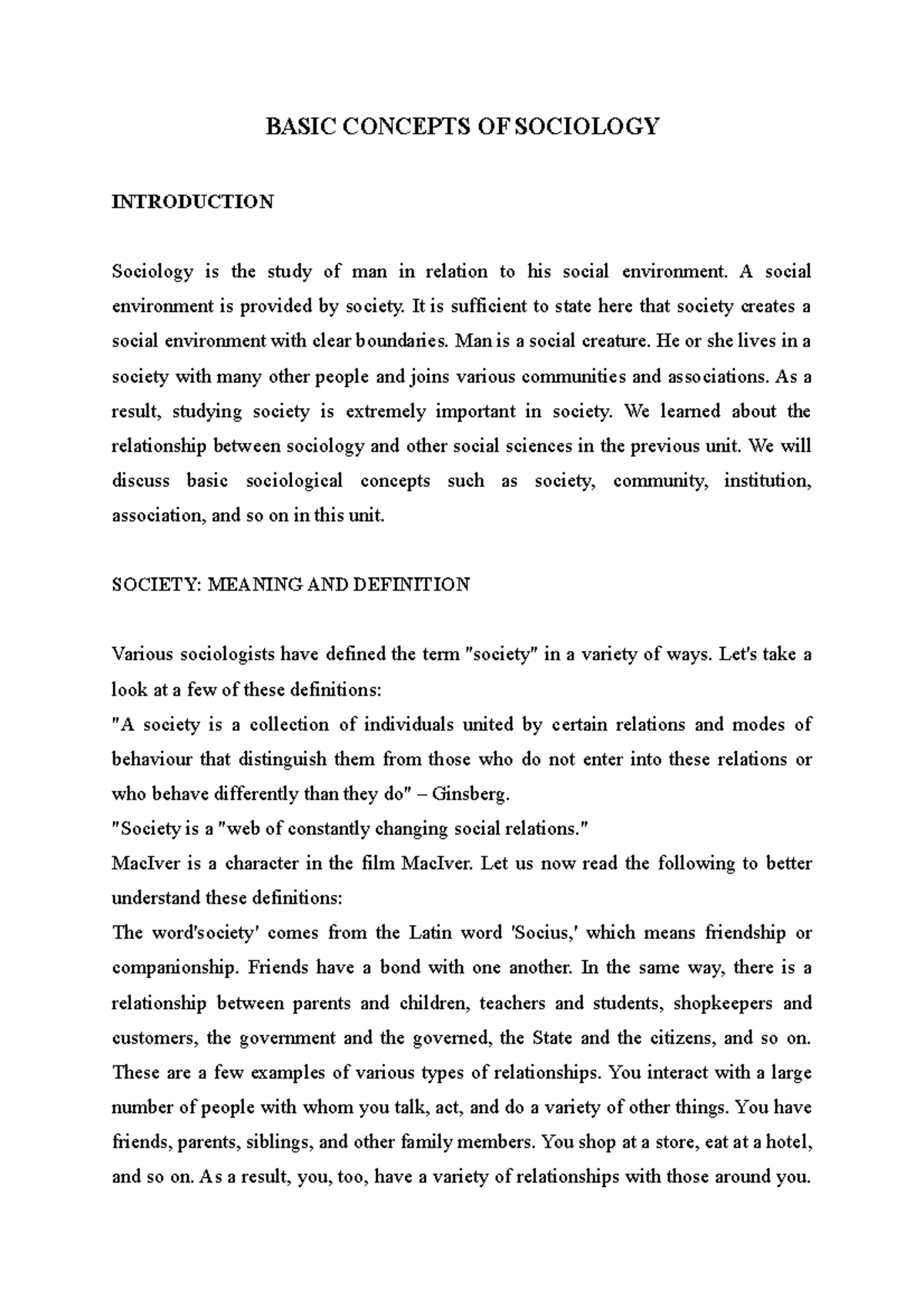 Basic Concepts OF Sociology - BASIC CONCEPTS OF SOCIOLOGY INTRODUCTION ...