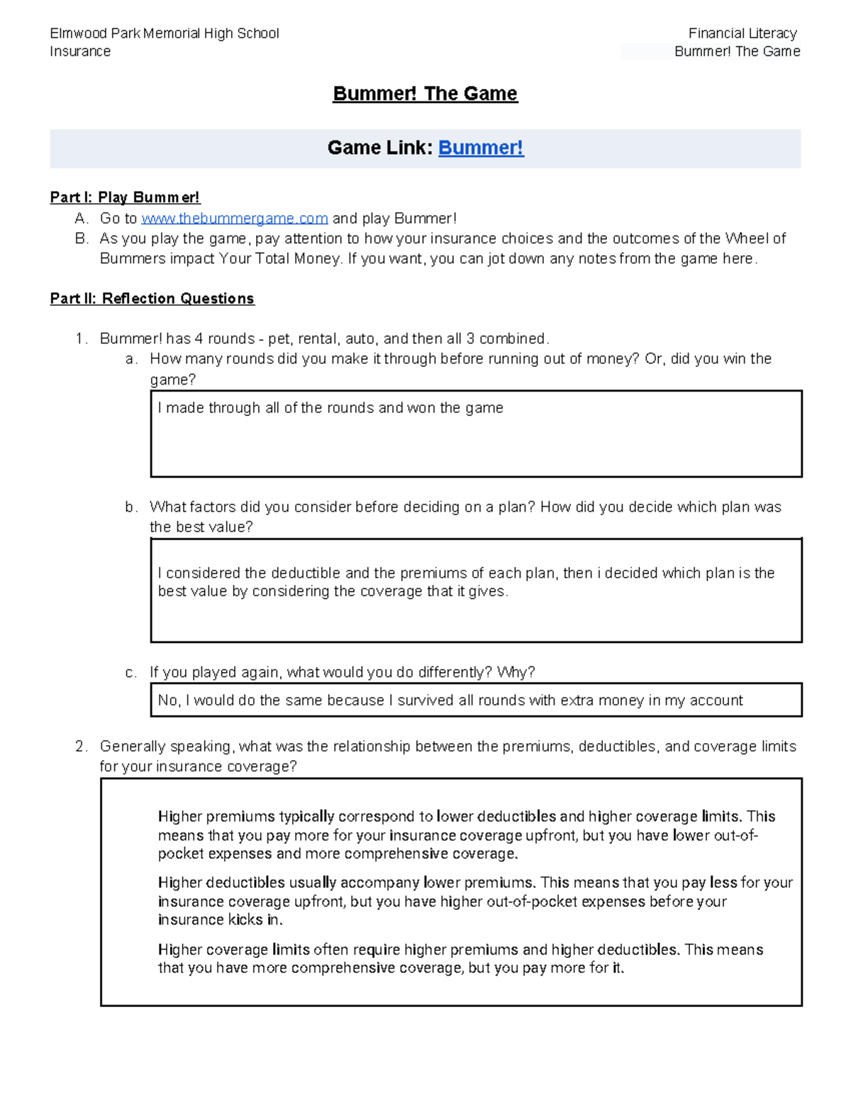 Financial Literacy Game Reflection: Bummer! The Game Insights - Studocu
