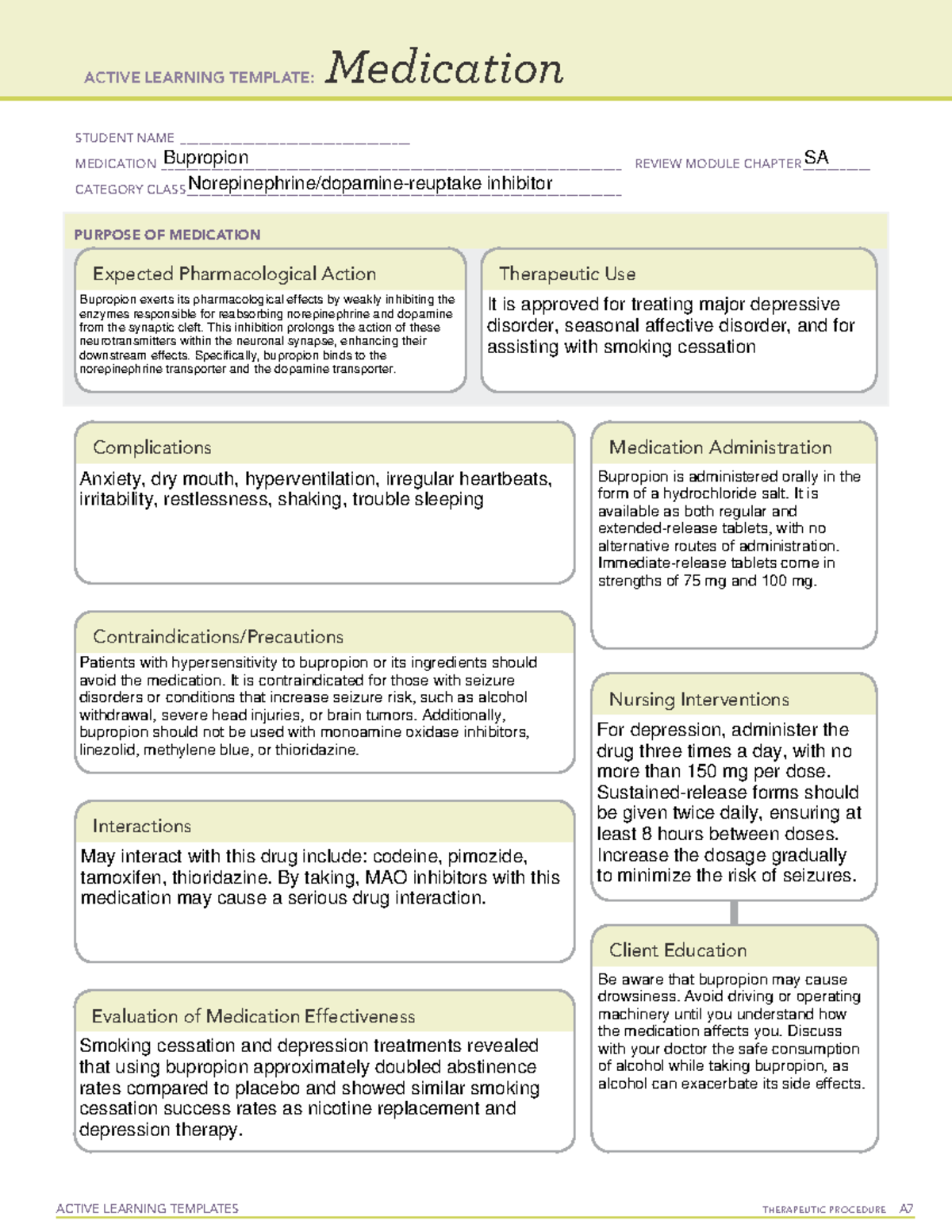 ACTIVE LEARNING TEMPLATE: Bupropion Review Module for Medications - Studocu