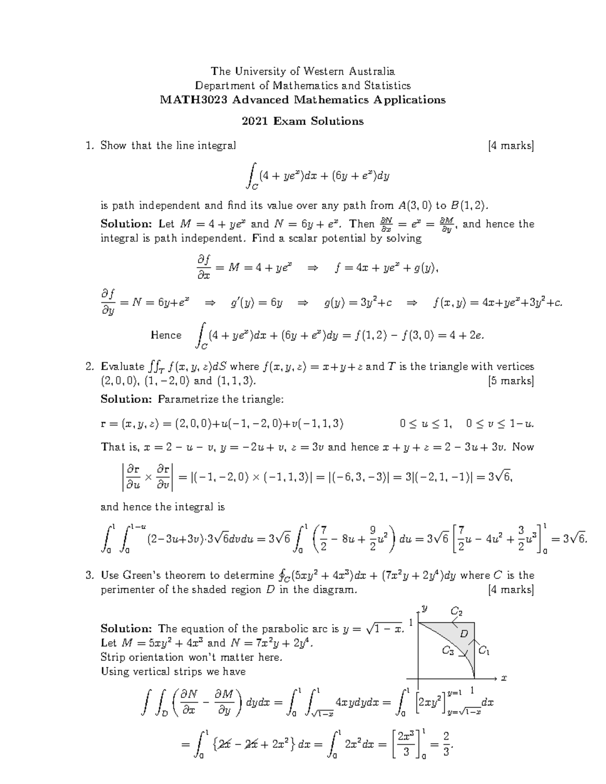 MATH3023 Advanced Mathematics Applications 2021 Exam Solutions - Studocu