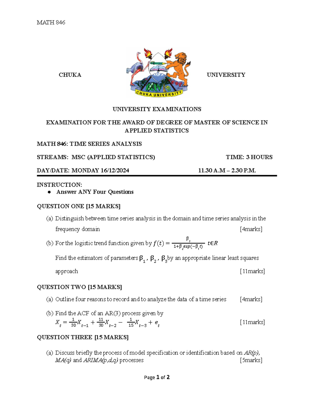 MATH 846 - Time Series Analysis Exam Questions and Guidelines - Studocu