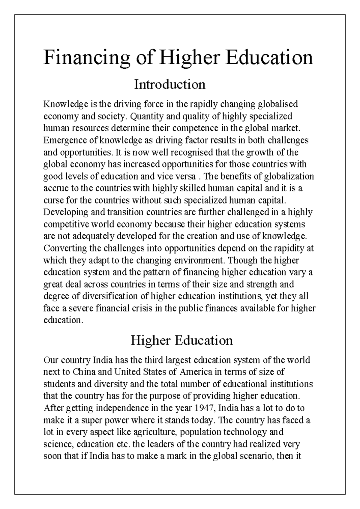 Financing of Higher Education in India: Challenges and Solutions - Studocu