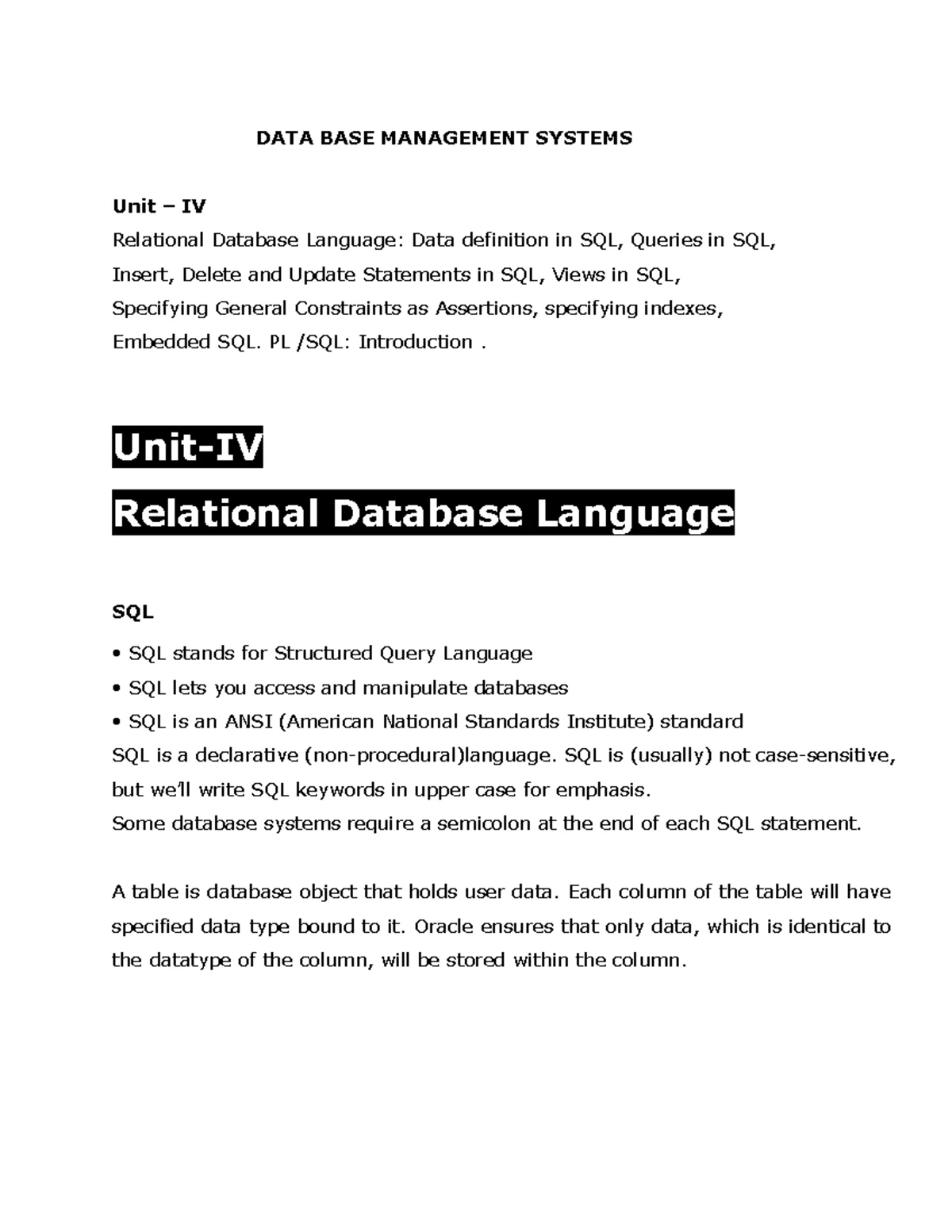 24BCA31: Database Management Systems - Unit 1 Lecture Notes - Studocu