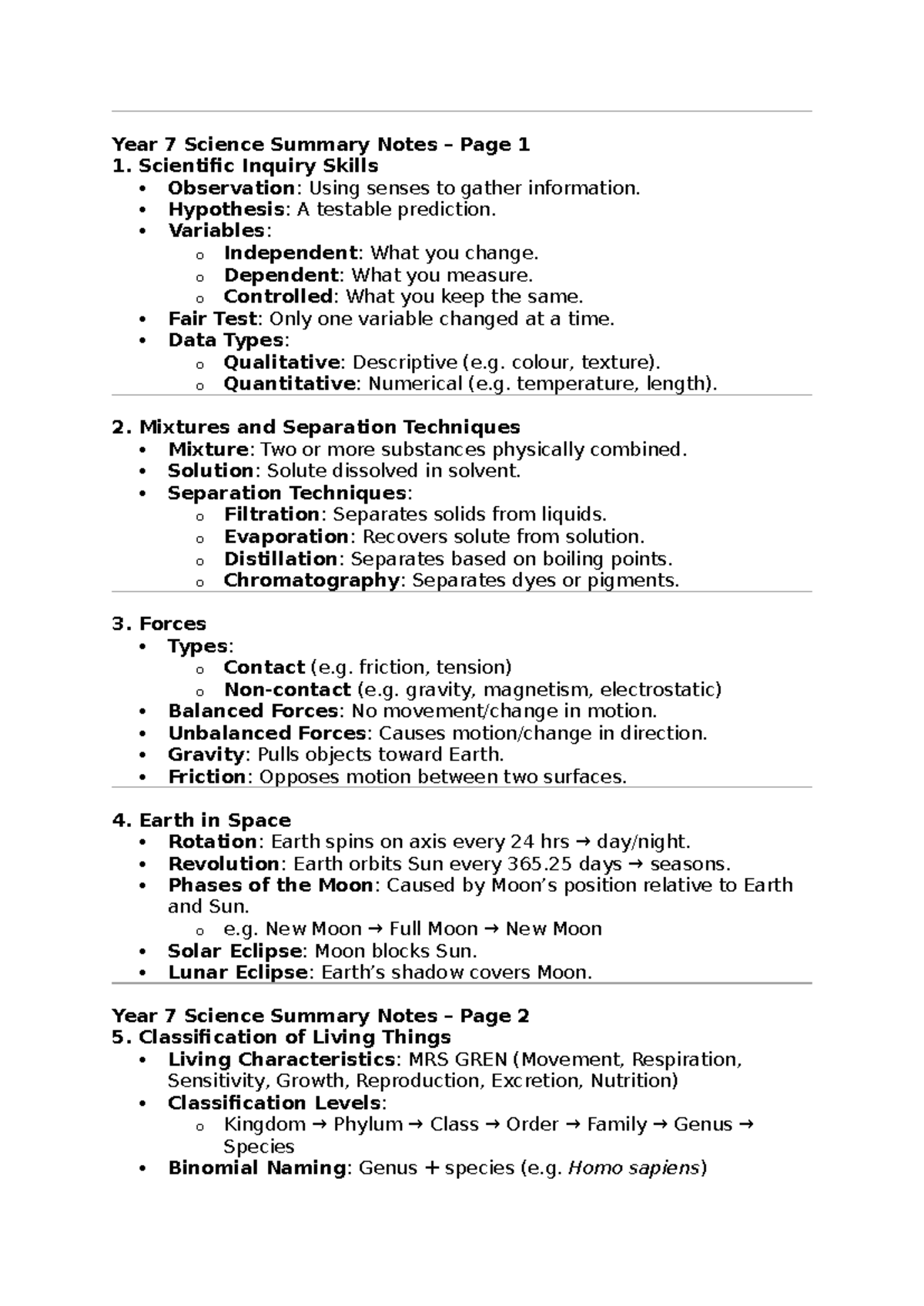 Year 7 Science Summary Notes: Key Concepts and Skills Overview - Studocu