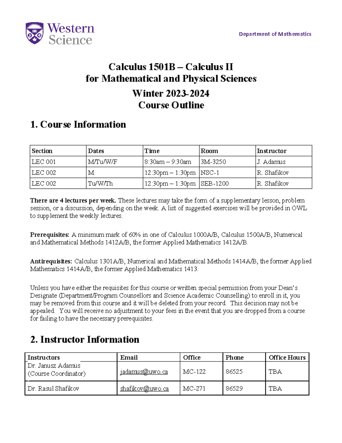Calc 1501B Course Outline: Calculus II - Winter 2023 Details - Studocu