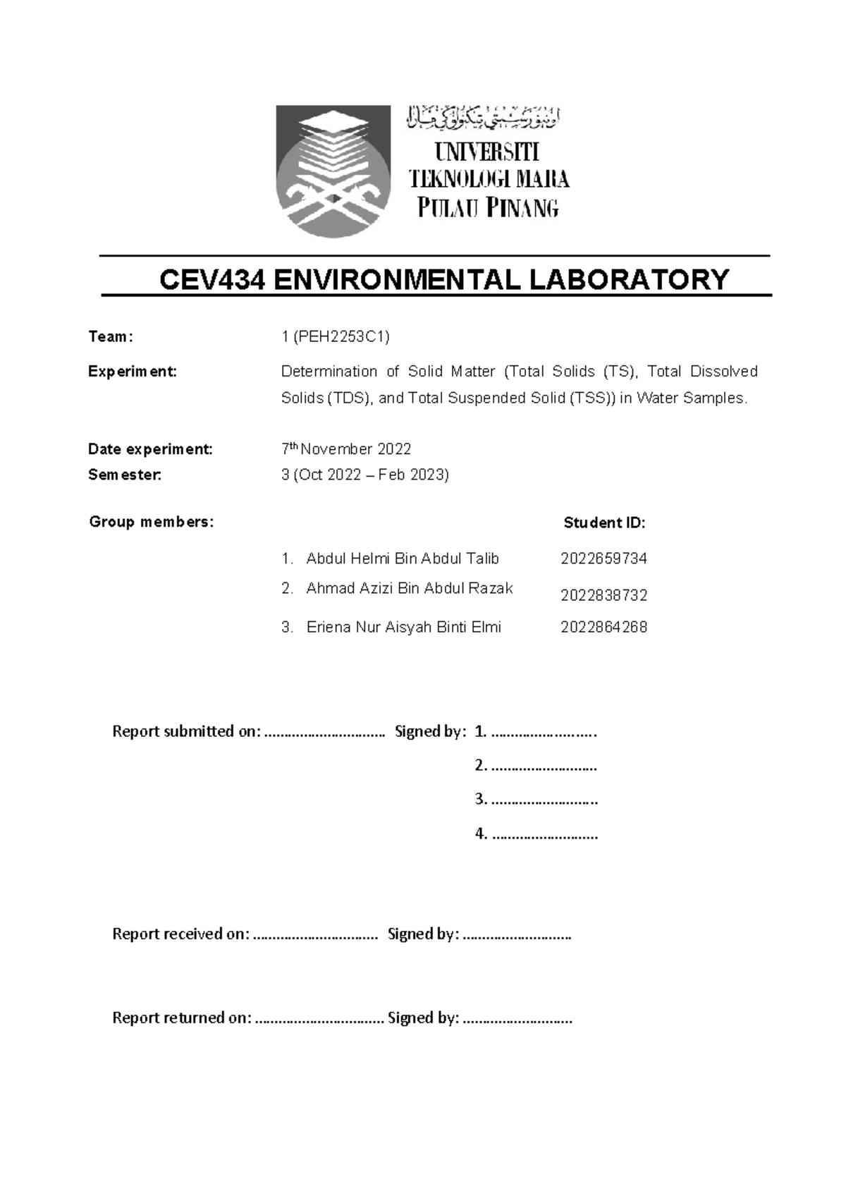 CEV434: Solid Matter Analysis (TS, TDS & TSS) in Water Samples - Studocu