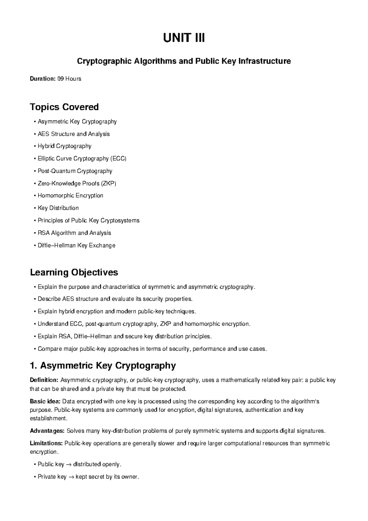 Unit III: Cryptographic Algorithms & PKI Notes (Duration: 9 Hours ...