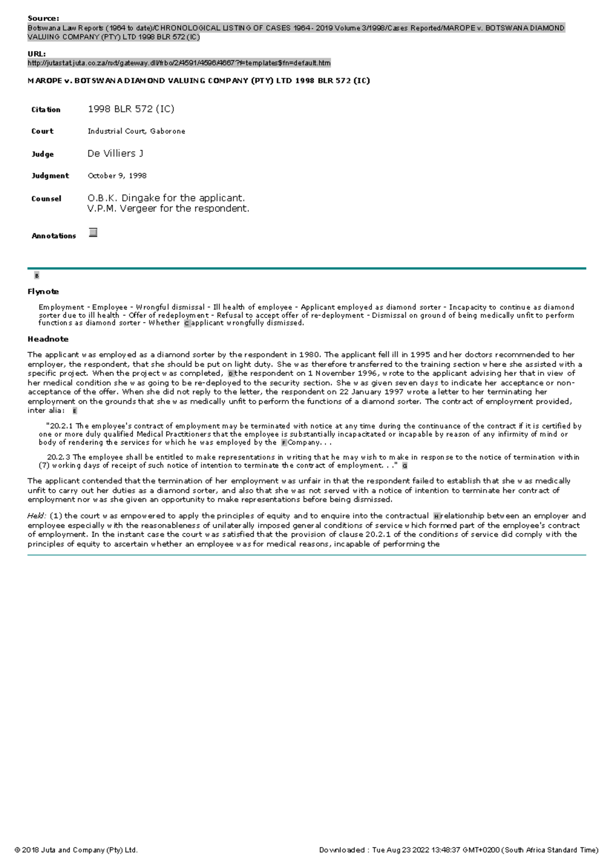 Marope v Botswana Diamond Valuing Company - Source: Botswana Law ...