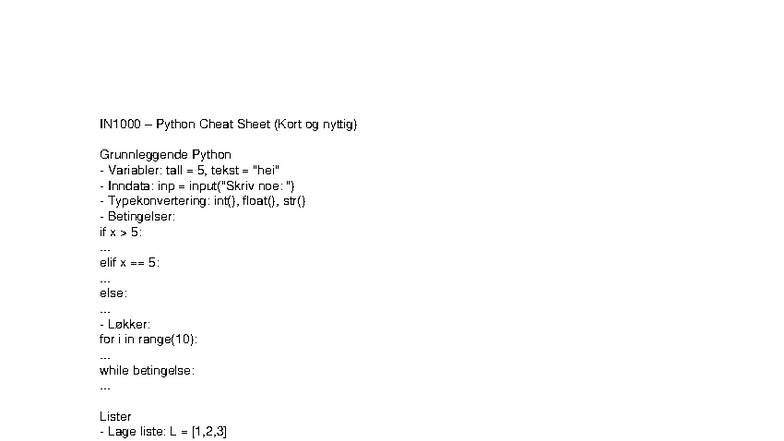 Python Cheat Sheet IN1000: Grunnleggende Konsepter og Kode - Studocu
