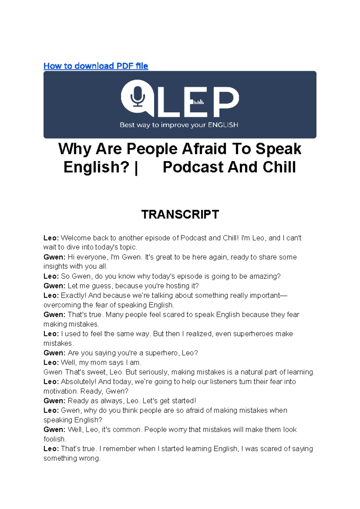 Overcoming Fear of Speaking English | 🎧 Podcast and Chill - Studocu