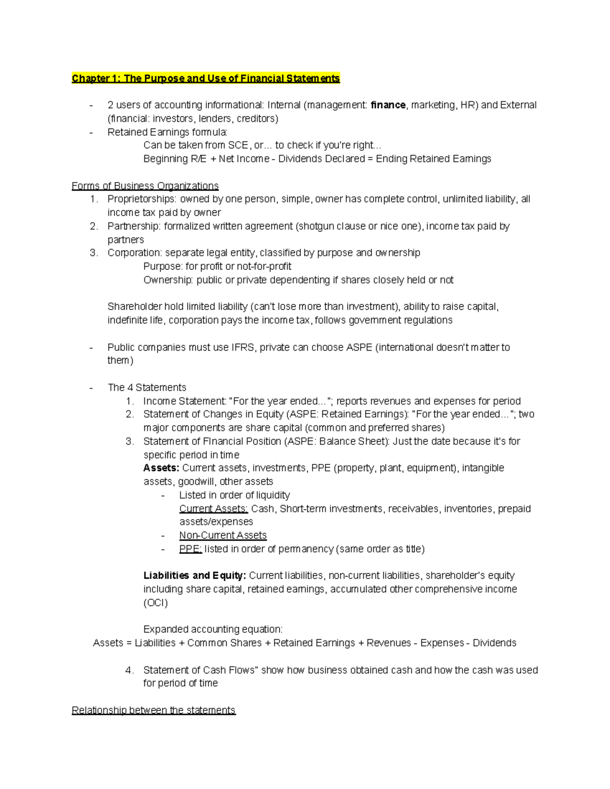 205 Final Exam Study Notes: Financial Statements Overview & Analysis ...