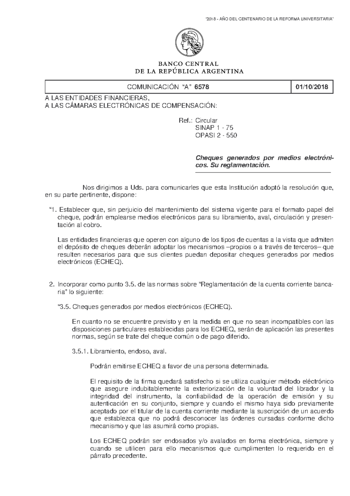 Comunicación A6578: Normativa sobre Cheques Electrónicos (ECHEQ) - Studocu