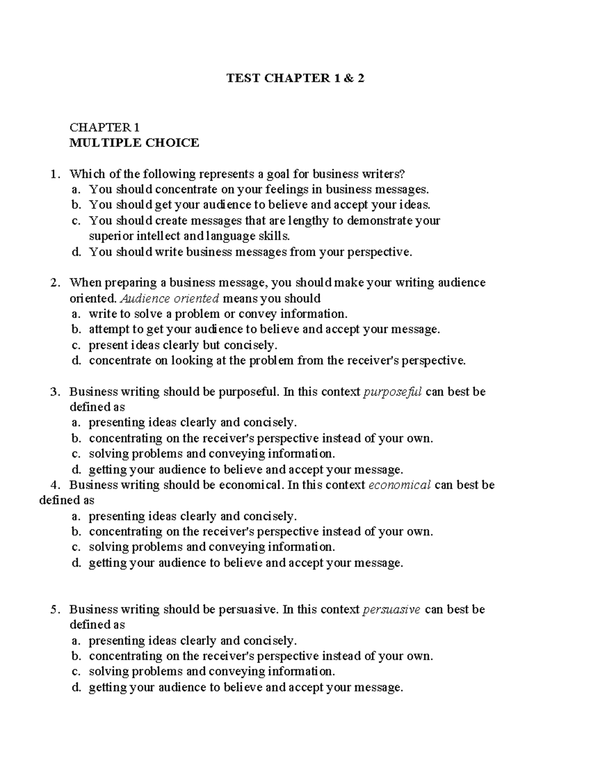 TEST Practice - Chapter 1 & 2 Multiple Choice Questions - Studocu