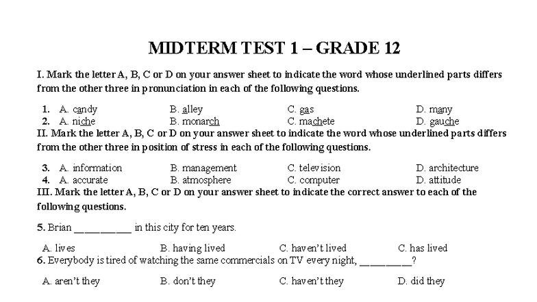 Midterm Test 1 - Grade 12 English Language Skills - Studocu