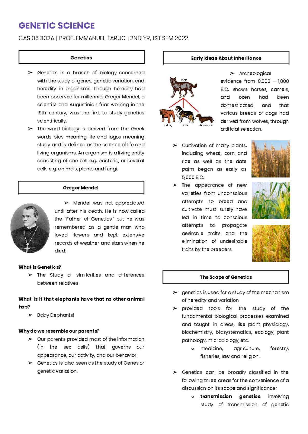 Genetic Science CAS 06 302A: Insights into Inheritance and Evolution ...